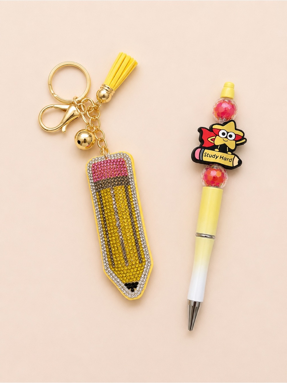 Pencil Rhinestone Keychain Charm with handmade pencil theme pen